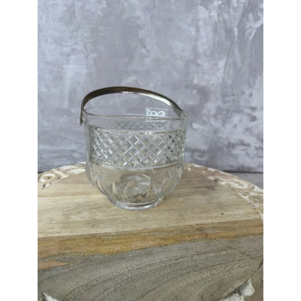 Vintage Glass Ice Bucket Diamond Cut Pattern Hammered Metal Handle Clear Barware
